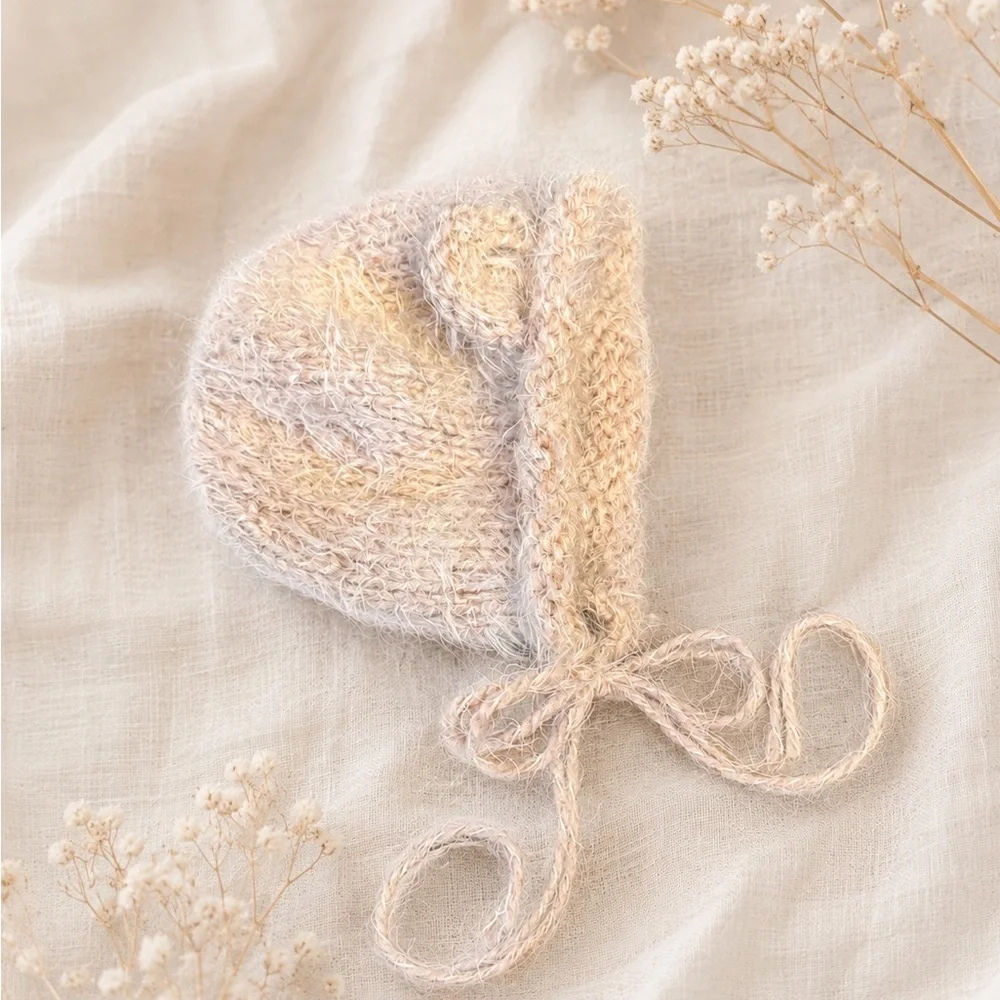Hand knit bear ear baby bonnet photo prop